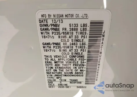 2014 Nissan Murano Sl from USA, damaged, VIN JN8AZ1MU0EW406608